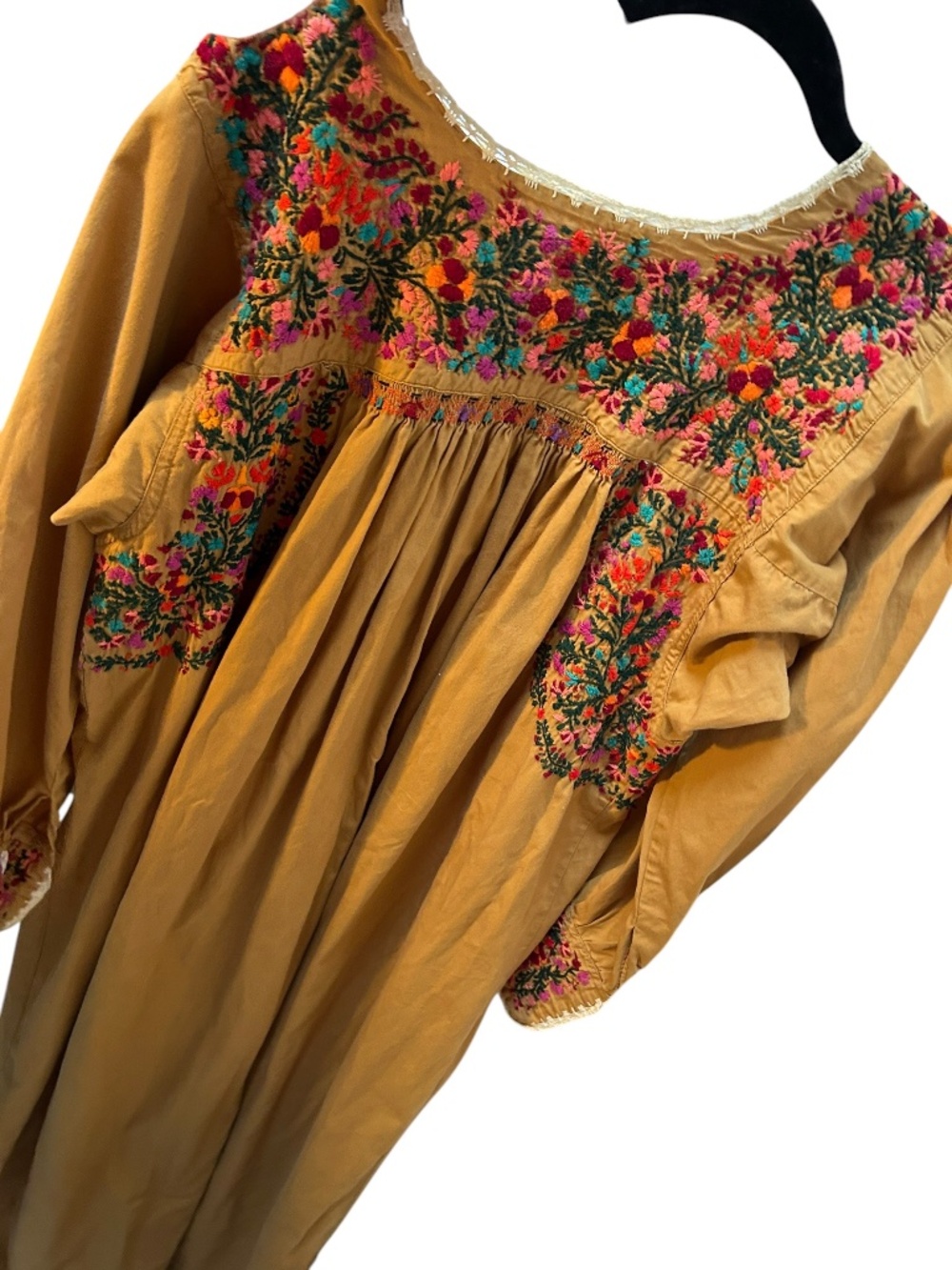 Mexican Oaxaca Vintage mustard heavily embroidered florals tunic maxi dress L - Picture 6 of 6